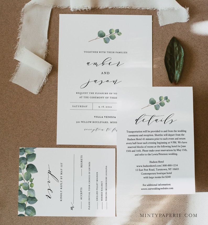 Eucalyptus Wedding Invitation Set, Greenery, Printable Invite, RSVP, Details, Instant Download, 100% Editable Template, DIY, Templett 036A image 1