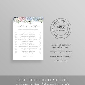 May include: A printable bridal shower game with a watercolor floral design. The game is called "World She Rather" and asks guests to guess the bride's preferences. The game includes questions like "Sleep in late or Get up early?" and "Cook dinner or Do the dishes?"