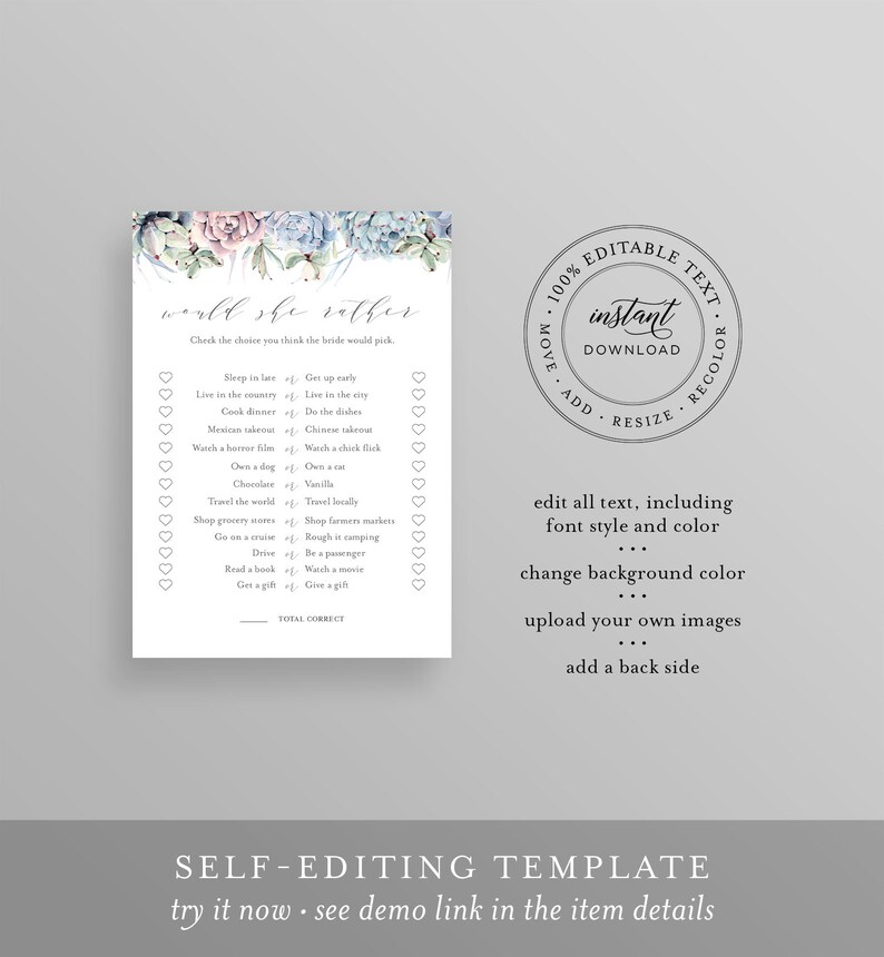 May include: A printable bridal shower game with a watercolor floral design. The game is called "World She Rather" and asks guests to guess the bride's preferences. The game includes questions like "Sleep in late or Get up early?" and "Cook dinner or Do the dishes?"