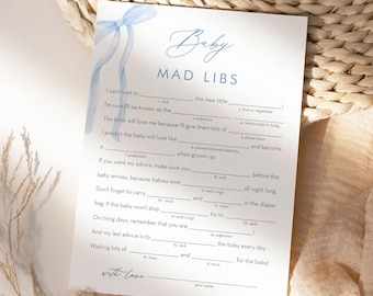 Baby Shower Mad Libs Game, Coquette Bow Mad Libs Game, Blue Ribbon, Boy Baby Shower Printable, Instant Download, Templett #0057-32BAG
