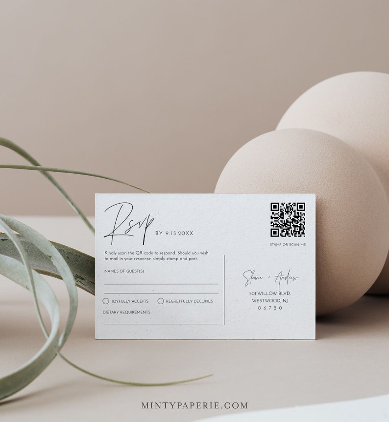May include: A white RSVP card with a black handwritten RSVP, a QR code, and the text "BY 9.15.20XX". The card also includes a section for guest names, a checkbox for "Joyfully Accepts" and "Regretfully Declines", and a space for dietary requirements. The bottom of the card includes the text "STAMP OR SCAN ME" and the names "Shane & Andrew" with their address and postcode.