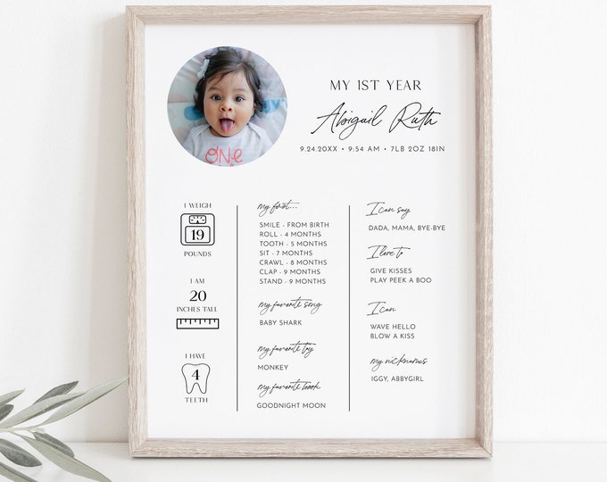 First Year Baby Sign, Infographic, Baby Stats, 1st Birthday Party, Milestones, Editable Template, Instant, Templett, 8x10, 18x24 0024-102FYS