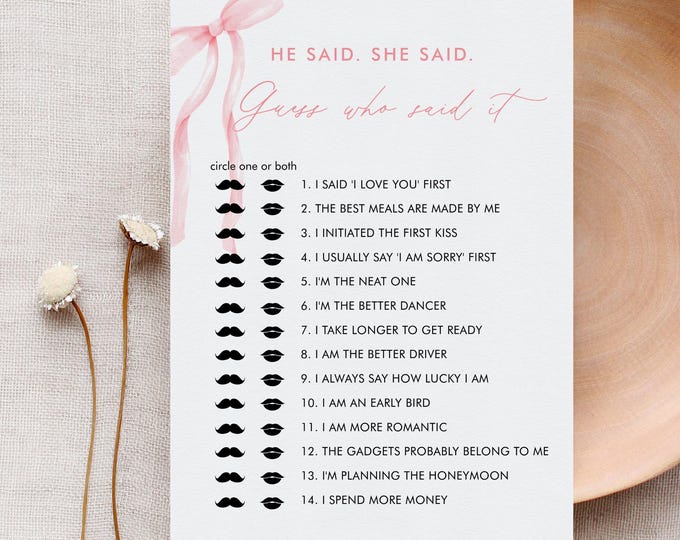Guess Who Said It Game, Coquette Bow Bridal Shower Game, Pink Ribbon, Editable Template, Instant Download, Templett, 5x7 #0057-05BRG