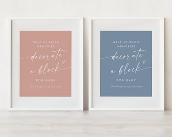 Decorate a Baby Block Sign, Baby Shower Activity, Pink and Blue, Editable Template, Printable, Instant Download, Templett, 8x10 #0034PB-89S