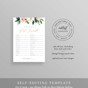 May include: A printable bridal shower game with a floral design. The game is called "Bridal Word Scramble" and includes a list of words to unscramble. The text "100% Editable Text, Instant Download, Move, Add, Resize, Recolor" is also included.