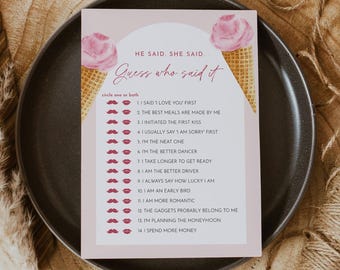 Ice Cream Guess Who Said It Game, Sweet Scoop Summer Bridal Shower Game, Editable Template, Instant Download, Templett, 5x7 #0035-05BRG