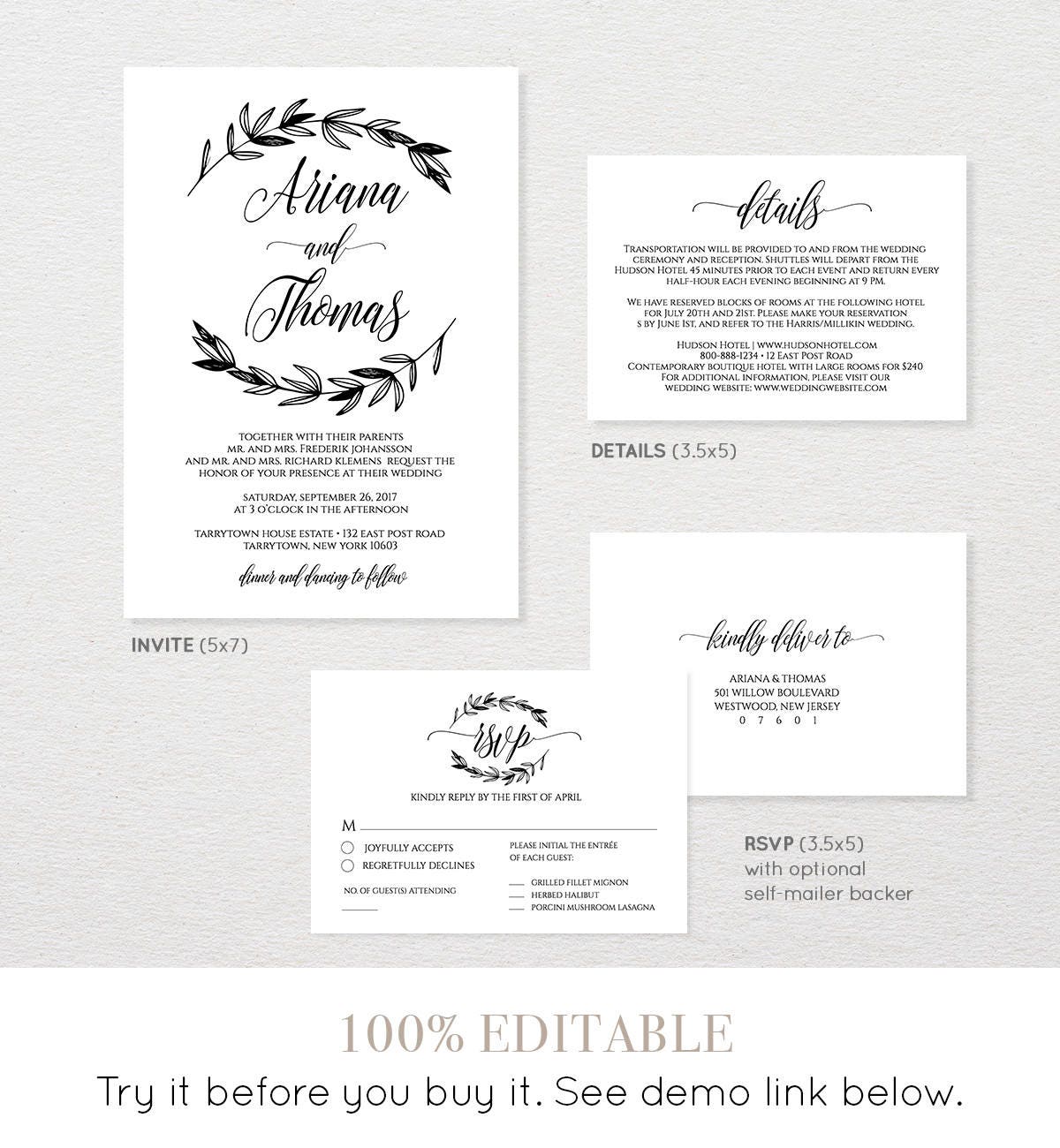 Design Template | PDF Template Wedding Printable 4x6 Card Instant Digital Download Details Card Black and White