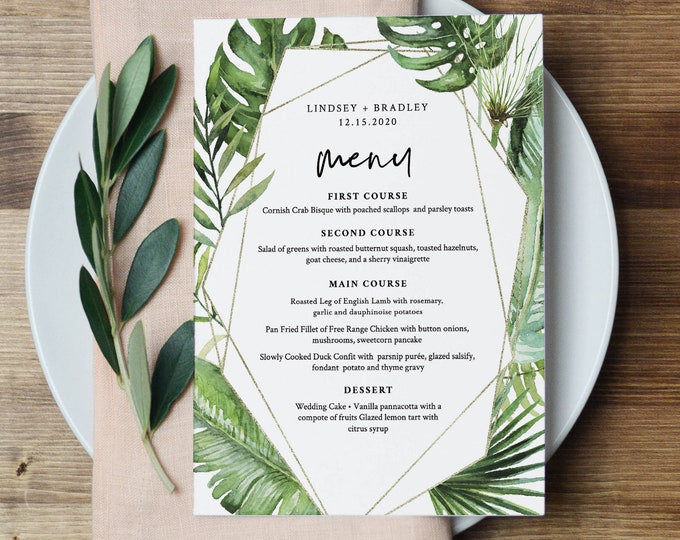 Tropical Menu Template, Palm Greenery and Gold Wedding Menu Card, Printable DIY Dinner Menu, INSTANT DOWNLOAD, Editable, 5x7 #083-145WM