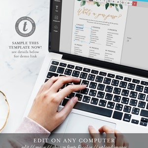 May include: A laptop computer with a white background and a screen displaying a printable "What's in your purse?" game. The game has a floral design and asks players to circle the items they have in their purse and add up the points. The text "Edit on any computer" is displayed below the laptop.