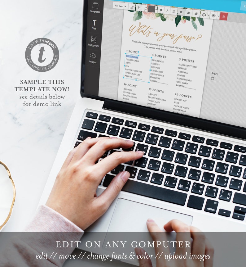 May include: A laptop computer with a white background and a screen displaying a printable "What's in your purse?" game. The game has a floral design and asks players to circle the items they have in their purse and add up the points. The text "Edit on any computer" is displayed below the laptop.