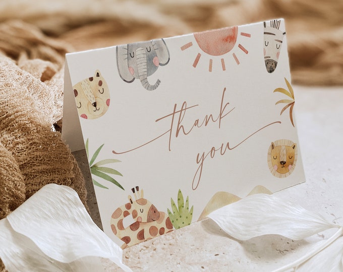 Safari Thank You Card Template, Printable Jungle Baby Shower, Birthday, Folded Note Card, Instant Download, Editable, Templett #0054-233TYC