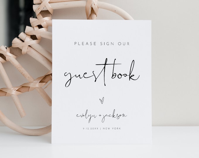 Minimalist Guestbook Sign, Editable Template, Printable Guest Book, Modern Wedding Tabletop Sign, Instant Download, Templett 8x10 #0031-12S