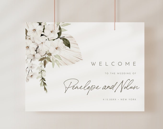 Bohemian Welcome Sign Template, White Florals Bridal Shower, Wedding, Baby Shower Poster, Instant Download, Editable, Templett #0028B-273LS