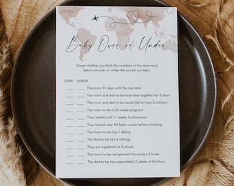 Adventure Over or Under Baby Shower Game, Travel Theme Baby Shower Game, World Map, Editable, Instant Download, Templett, 5x7 #0039-15BAG