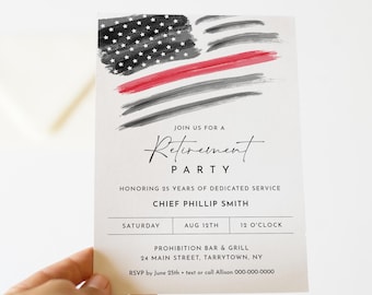 Retirement Party Invitation, Printable Firefighter Retire Invite, American Flag, Thin Red Line, Evite, Editable Template, #0037-103RT