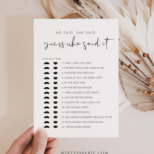 He Said She Said Bridal Shower Game, Guess Who Said It, Minimalist Bridal Game, Editable Template, Instant Download, Templett 0031-05BRG image 1