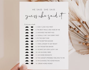 He Said She Said Bridal Shower Game, Guess Who Said It, Minimalist Bridal Game, Editable Template, Instant Download, Templett #0031-05BRG