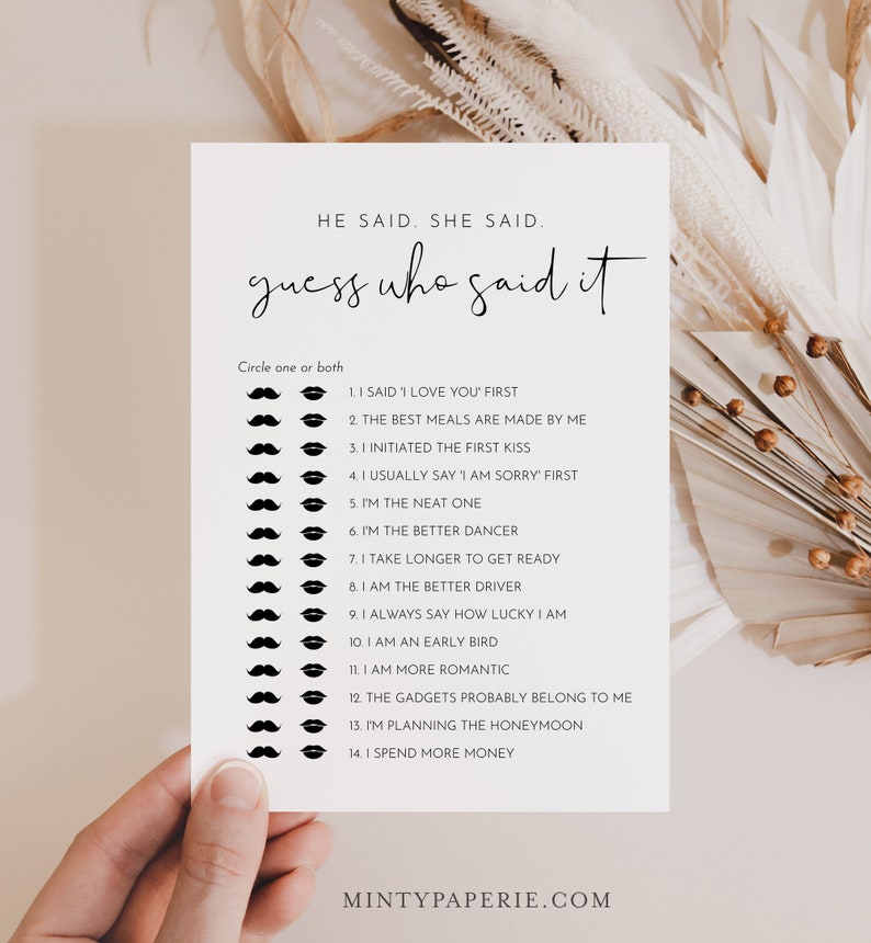 He Said She Said Bridal Shower Game, Guess Who Said It, Minimalist Bridal Game, Editable Template, Instant Download, Templett 0031-05BRG image 1