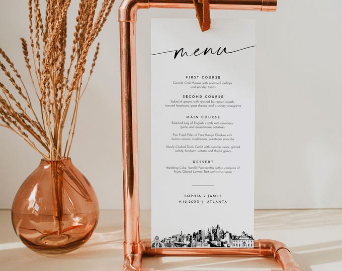 Atlanta Menu, Printable Atlanta Georgia City Skyline Wedding Dinner Menu Card, Editable Template, Instant Download, Templett #0047-231WM