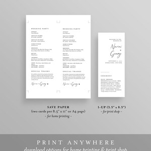 Puede incluir: Plantilla de programa de ceremonia de boda imprimible con texto negro sobre fondo blanco. El programa incluye la fiesta de bodas, agradecimientos especiales y los detalles de la ceremonia. El texto "Save Paper (two cards per 8.5" x 11" or A4 page) - for home printing -" y "1-UP (3.5" x 8.5") - for print shop -" se incluye en la parte inferior de la p&aacute;gina.