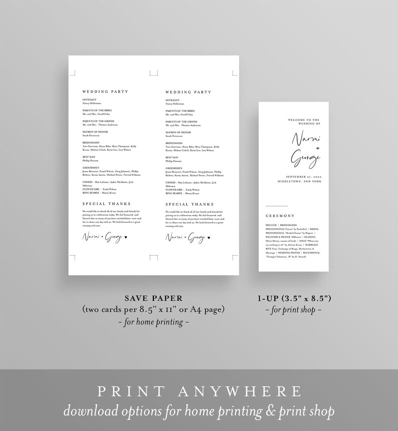 Puede incluir: Plantilla de programa de ceremonia de boda imprimible con texto negro sobre fondo blanco. El programa incluye la fiesta de bodas, agradecimientos especiales y los detalles de la ceremonia. El texto "Save Paper (two cards per 8.5" x 11" or A4 page) - for home printing -" y "1-UP (3.5" x 8.5") - for print shop -" se incluye en la parte inferior de la p&aacute;gina.