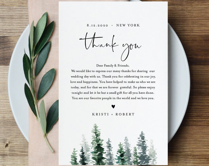 Pine Tree Thank You Letter, Napkin Note, Wedding Menu Thank You, Editable Template, In Lieu of Favors, INSTANT DOWNLOAD, 4x6 #073-121TYN