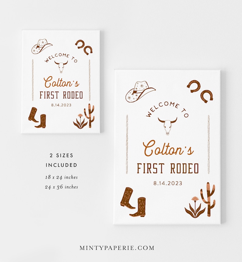 May include: Two printable signs for a first rodeo party. The signs are white with brown text and illustrations. The larger sign says "Welcome to Colton's First Rodeo 8.14.2023" and features a cowboy hat, a skull, and a pair of cowboy boots. The smaller sign says "Welcome to Colton's First Rodeo 8.14.2023" and features a cowboy hat, a cactus, and a pair of cowboy boots.
