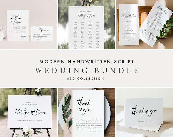 Handwritten Script Wedding Bundle, Modern Minimalist Invitation Suite + Wedding Essentials, 100% Editable Templates, Templett #090-BUNDLE