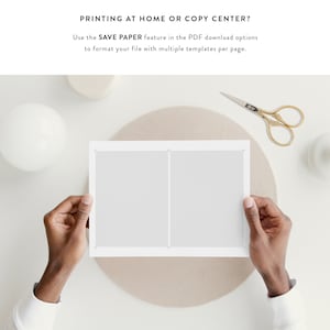 May include: A white sheet of paper with a grid pattern is being held by a person's hands. The paper is divided into two sections. The text "PRINTING AT HOME OR COPY CENTER?" is visible at the top of the image. The text "Use the SAVE PAPER feature in the PDF download options to format your file with multiple templates per page." is also visible.