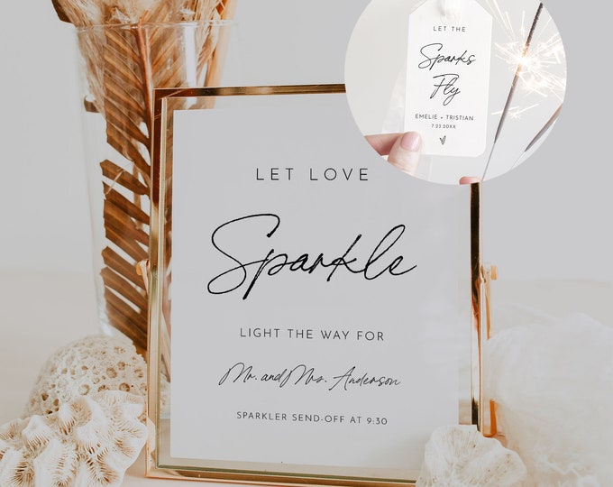 Sparkler Send Off Sign and Tag, Modern Minimalist Wedding, 100% Editable Template, Personalize Sparkler Sign and Tag, Templett #0024-103SPR