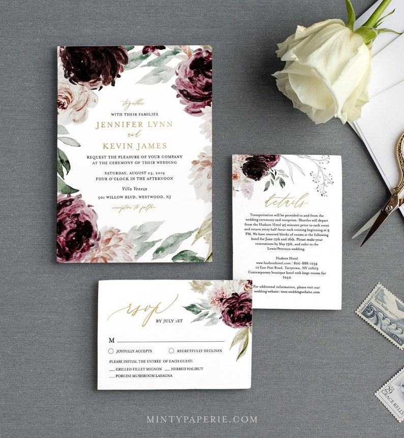 Moody Florals Wedding Invitation Suite Template, 100% Editable Text, Romantic Purple Boho, Invite, RSVP & Detail, INSTANT DOWNLOAD 074A image 1