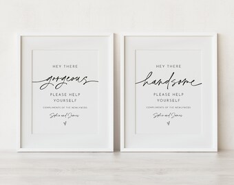 Bathroom Sign, Hey there Gorgeous, Handsome, Ladies Mens Room, Wedding Bathroom Basket, Restroom, Editable Template, Templett #0032-47S