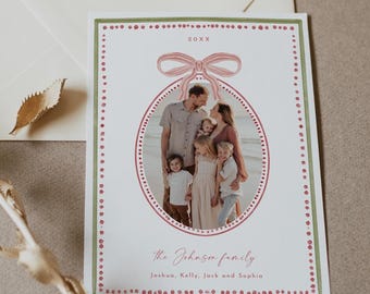 Coquette Christmas Card Template, Photo Holiday Card, Bow, Ribbon Editable, Upload Your Photo, Instant Download, Templett, 5x7 #181HP