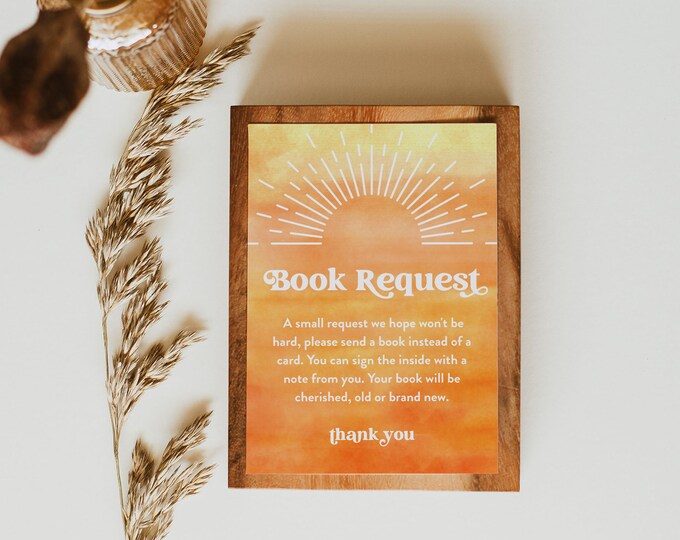 Sun Books for Baby Card, Book Request, Sunburst, Gender Neutral Baby Shower Invitation Book Insert, Editable Text, Templett #0048-167BFB