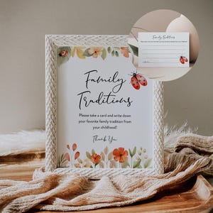 Znak i karta tradycji rodzinnych, Baby Shower z biedronką, Podziel się wspomnieniem z dzieciństwa, Szablon do edycji, Natychmiastowe pobranie, Szablon #0069-46BAG