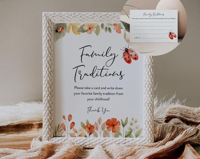 Family Traditions Sign & Card, Ladybug Baby Shower, Share a Childhood Memory, Editable Template, Instant Download, Templett #0069-46BAG