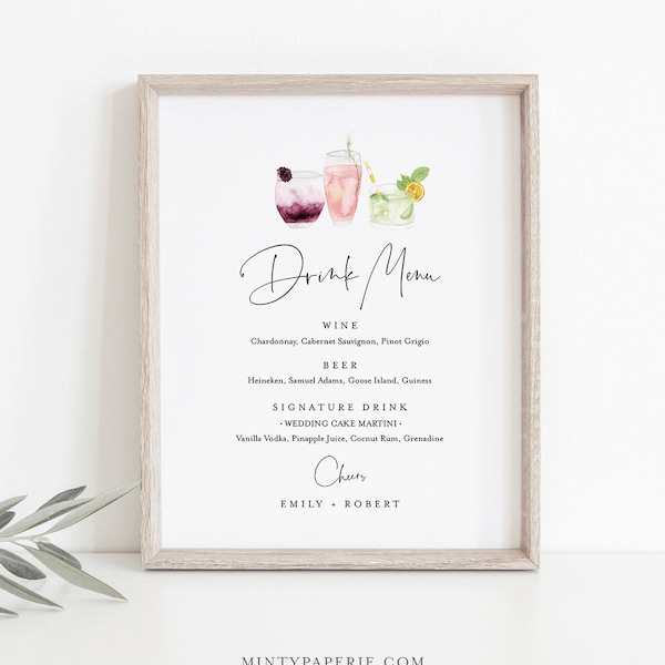 Drink Menu Sign, Editable Wedding Bar Menu Template, Printable Watercolor Cocktail Menu, Instant Download, Templett 8x10 #060-119BP-DM