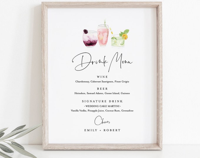 Drink Menu Sign, Editable Wedding Bar Menu Template, Printable Watercolor Cocktail Menu, Instant Download, Templett 8x10 #060-119BP-DM