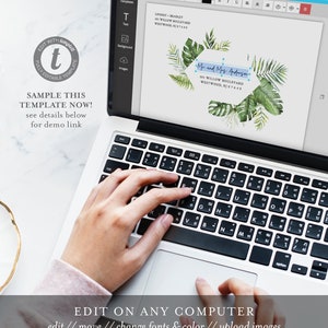 May include: A laptop computer screen displaying a tropical leaf design with a blue and white text box that reads "Mr. and Mrs. Anderson" and a matching address. The text box is surrounded by tropical leaves. The laptop is open and a person's hands are typing on the keyboard.