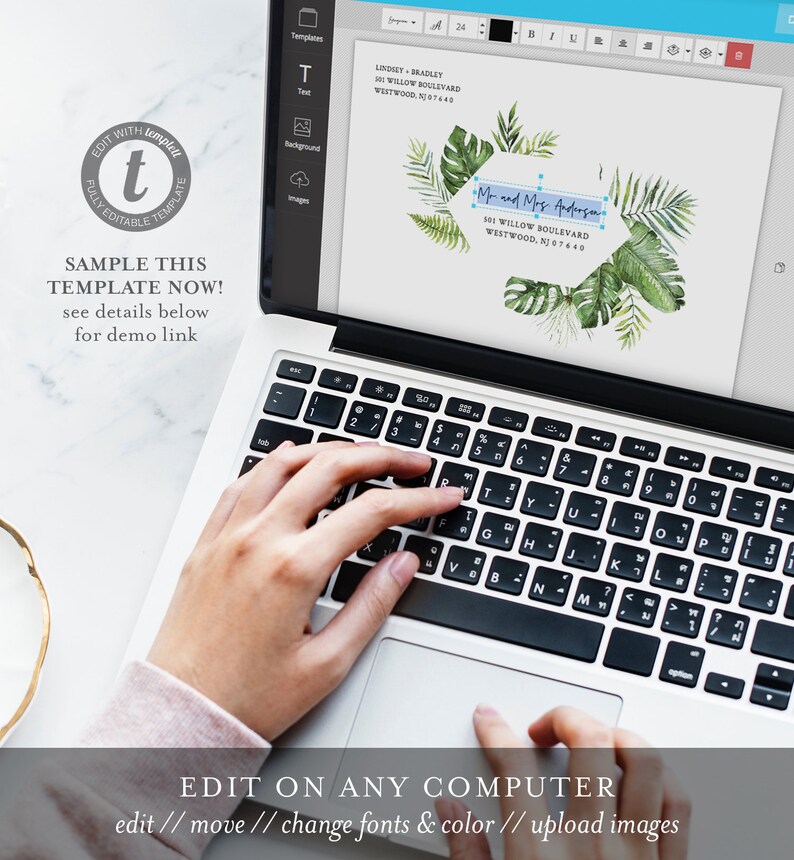 May include: A laptop computer screen displaying a tropical leaf design with a blue and white text box that reads "Mr. and Mrs. Anderson" and a matching address. The text box is surrounded by tropical leaves. The laptop is open and a person's hands are typing on the keyboard.
