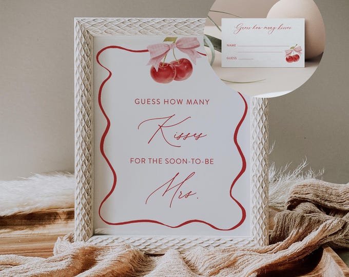 How Many Kisses Bridal Shower Game, Hershey Kisses Game, Cherry Bridal Shower Printable, Sign & Ticket, Instant Download #0056-29BRG