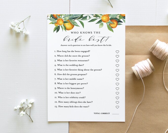 Who Knows the Bride Best Bridal Shower Game, Printable Summer Citrus Orange Bridal Shower Template, Instant Download, Templett #084-228BG