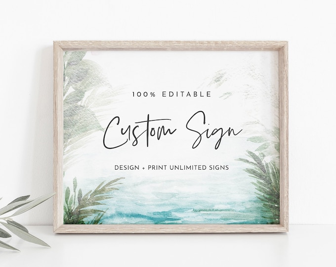 Beach Custom Sign Template, Tropical Destination Wedding Sign, Bridal Shower, Unlimited Signs, INSTANT DOWNLOAD, Templett #099-183CS