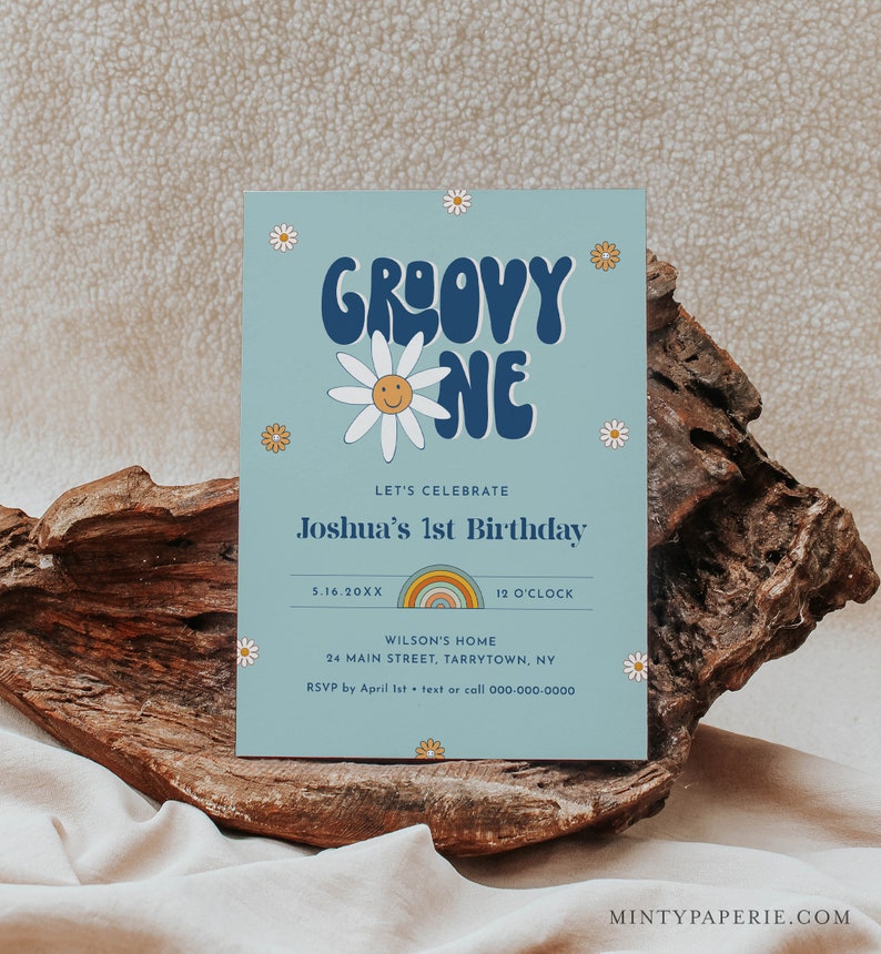 Groovy One Birthday Invitation for Boy, Hippie, Retro, 70's Vibe, 1st Birthday Invite, First, Editable Template, Instant, Templett 051-122BD image 3