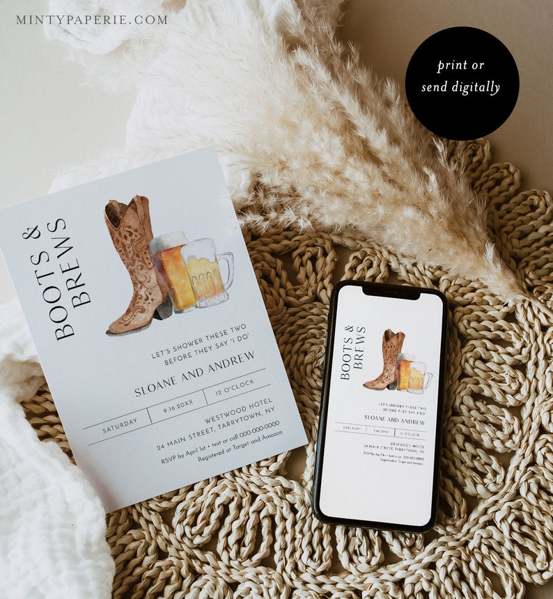 Boots and Brews Invitation, Couple Shower Invite, Western Bridal Shower, Beer, Edit & Print Today, Instant Download, 5x7 0026D-316BS image 4