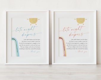 Late Night Diapers Sign, Boho Rainbow Baby Shower Game, Diaper Notes, Gender Neutral, Editable Template, Instant, Templett #0055-22BAG