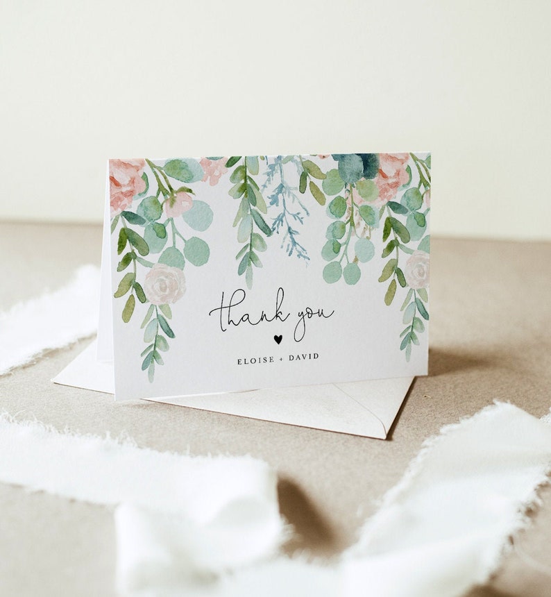 Lush Garden Thank You Card, Greenery Wedding / Bridal Shower, Editable Template, Flat and Folded, Instant Download, Templett #068A-155TYC image 1