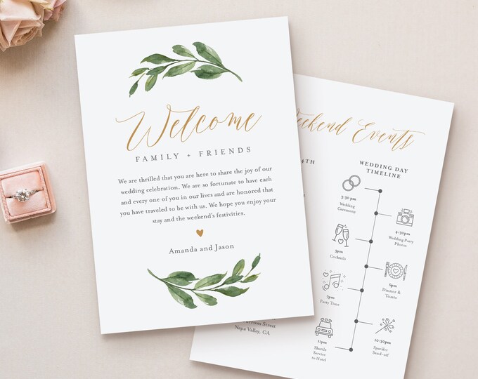 Welcome Bag Letter Template, Editable Welcome Letter & Itinerary / Timeline, Greenery Wedding, Order of Events, INSTANT DOWNLOAD #067-132WB