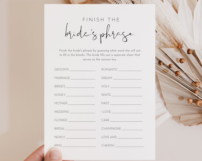 Finish the Brides Phrase Game, Bridal Shower Game, Printable Minimalist Shower Game, Editable Template, Instant, Templett #0031-18BRG