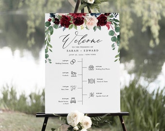 Welcome Sign and Timeline with Wedding Day Icons, Boho Merlot Florals Bridal Sign, Instant Download, Editable Template, Templett #062-188LS